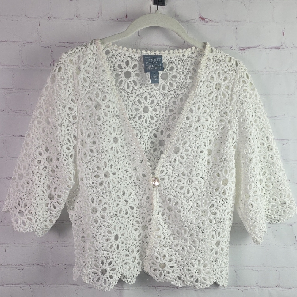 Rabbit Designs L White Crochet Cardigan